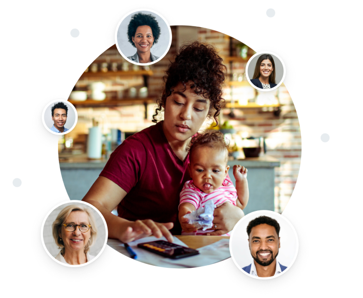 Woman holding a young child and looking for New York Life insurance agents on her phone